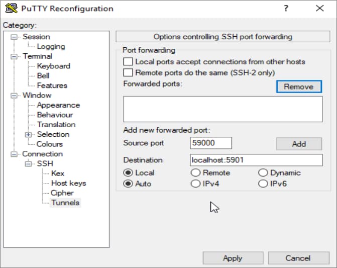 Example PuTTY SSH tunnel configuration