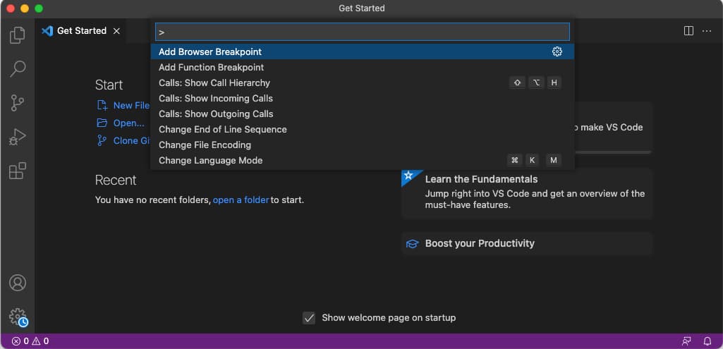 A screenshot of the Visual Studio Code interface with the Command Palette activated, waiting for input to be entered after its '>' prompt