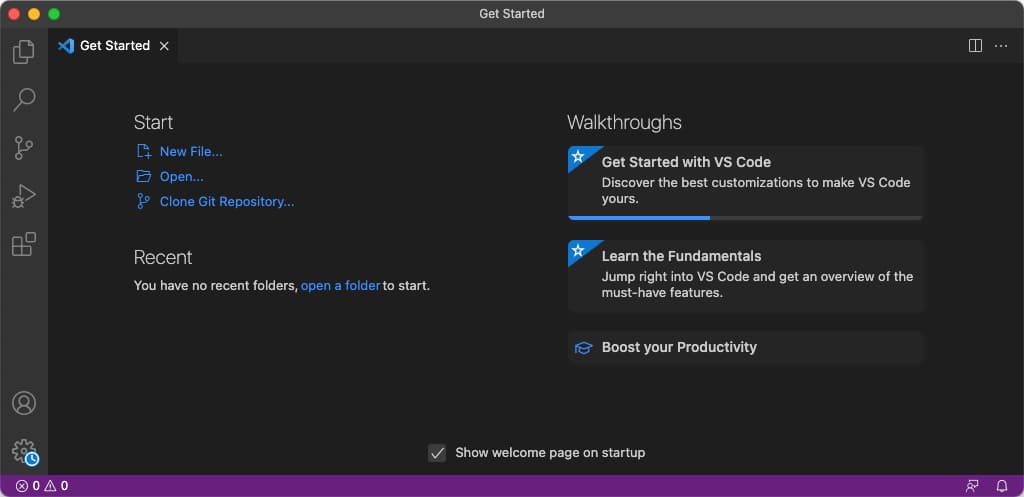 A screenshot of the default "Get Started" screen in the Visual Studio Code interface, including an icon toolbar along the left-hand side, a few suggested activities to get started such as "New File..." and "Open...", and some highlighted instructional walkthroughs