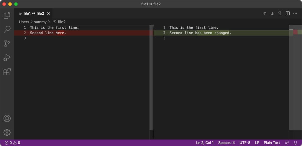 A screenshot of the Visual Studio Code diff interface, with two files side by side, and the second line highlighted, showing a few words have changed between the two versions