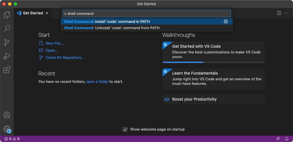 A screenshot of the Visual Studio Code interface, with the Command Palette activated and the "Install 'code' command in PATH" command highlighted