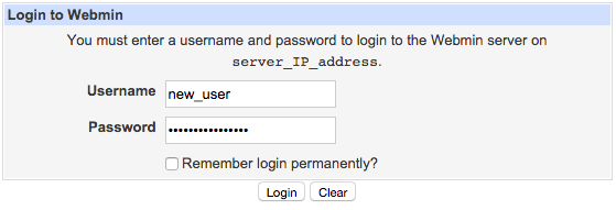 Webmin login screen