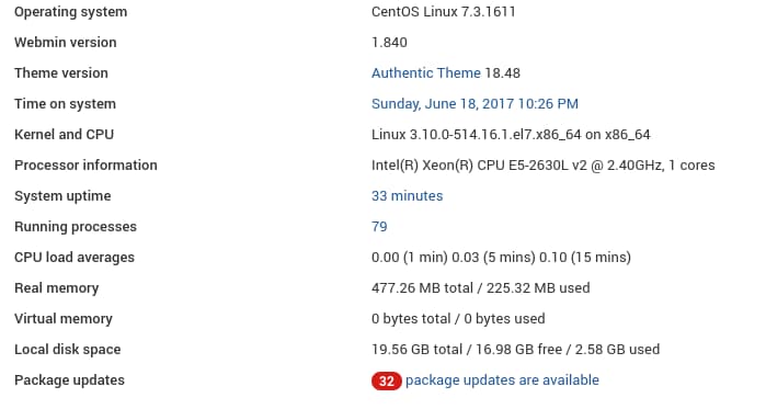Webmin shows the number of updates available