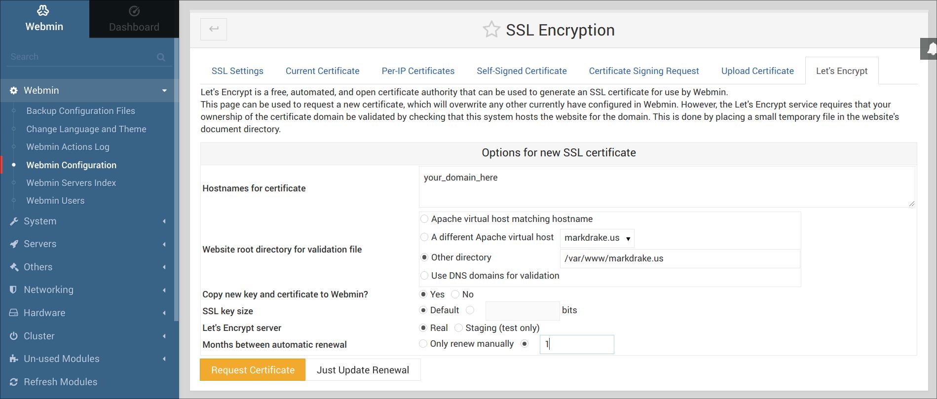 Image showing the Let's Encrypt tab of the SSL Encryption section