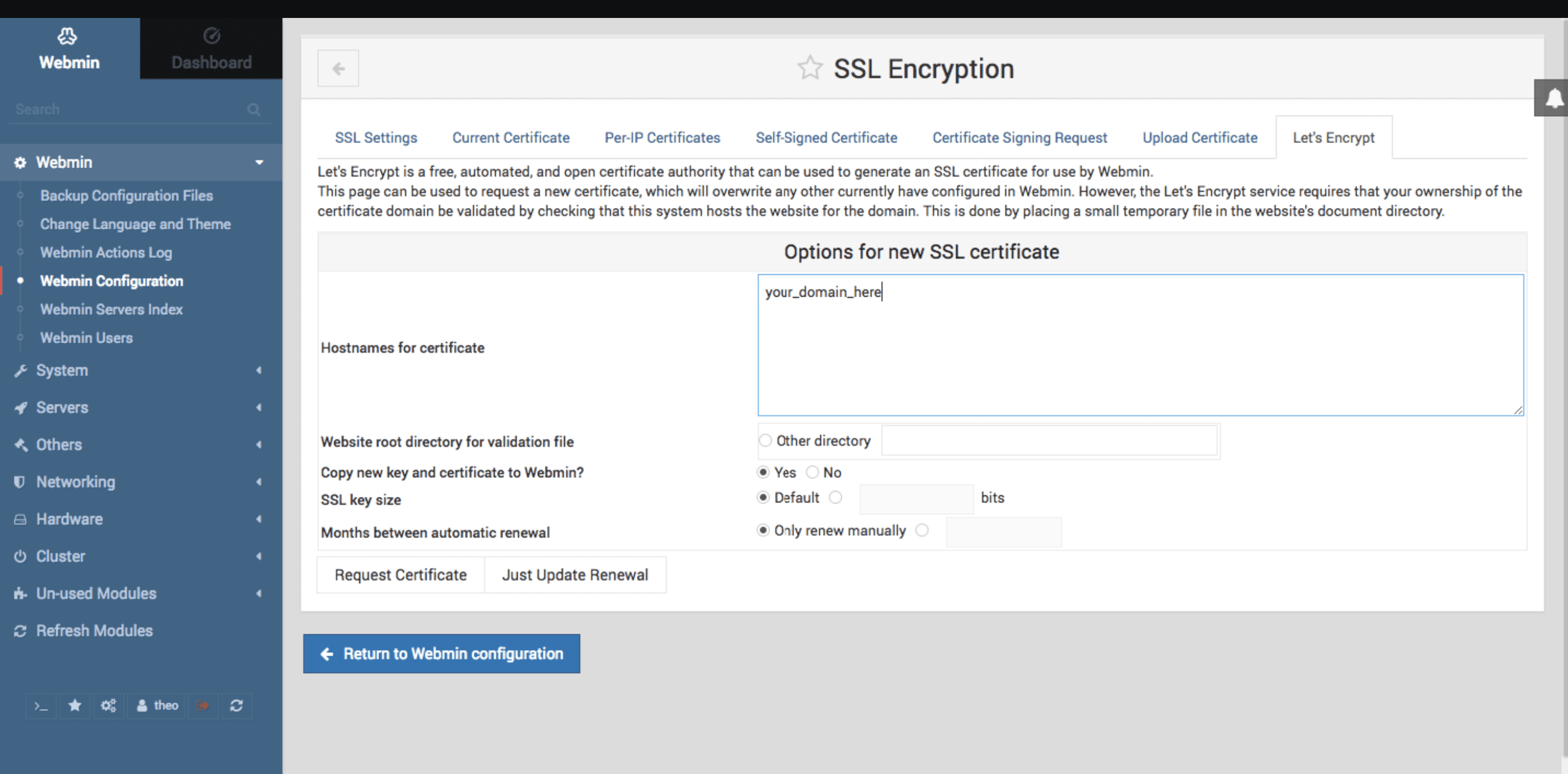Image showing the Let's Encrypt tab of the SSL Encryption section