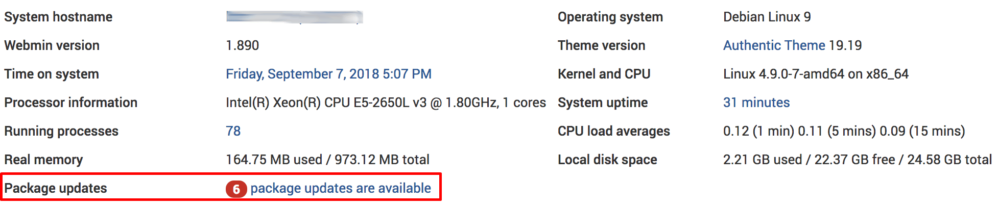 Webmin shows the number of updates available