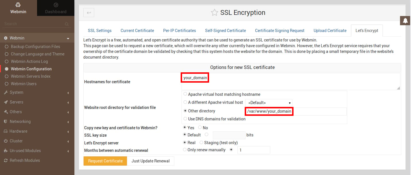 Imagem mostrando a guia do Let's Encrypt da seção de criptografia SSL