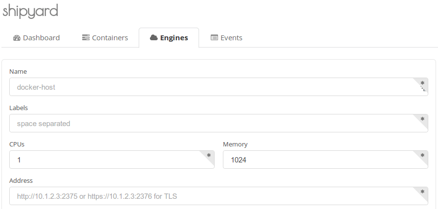 The 'add engine' screen has input fields like 'name' and 'labels'