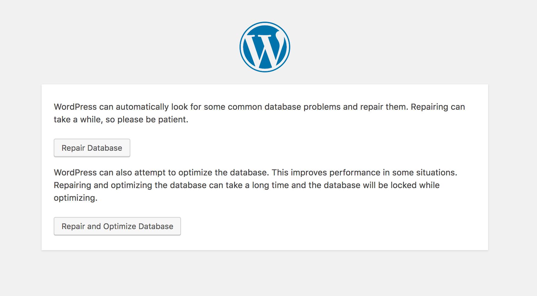 WordPress database repair page