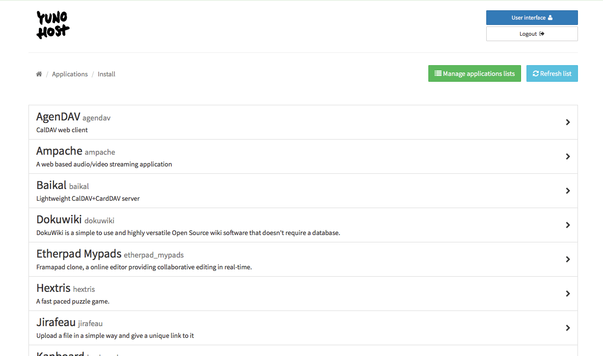 Applications page. List of applications in alphabetical order, ready for installation.