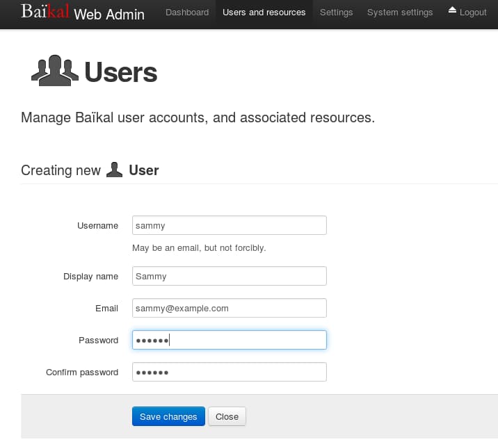 Users form; fill out the fields as desired