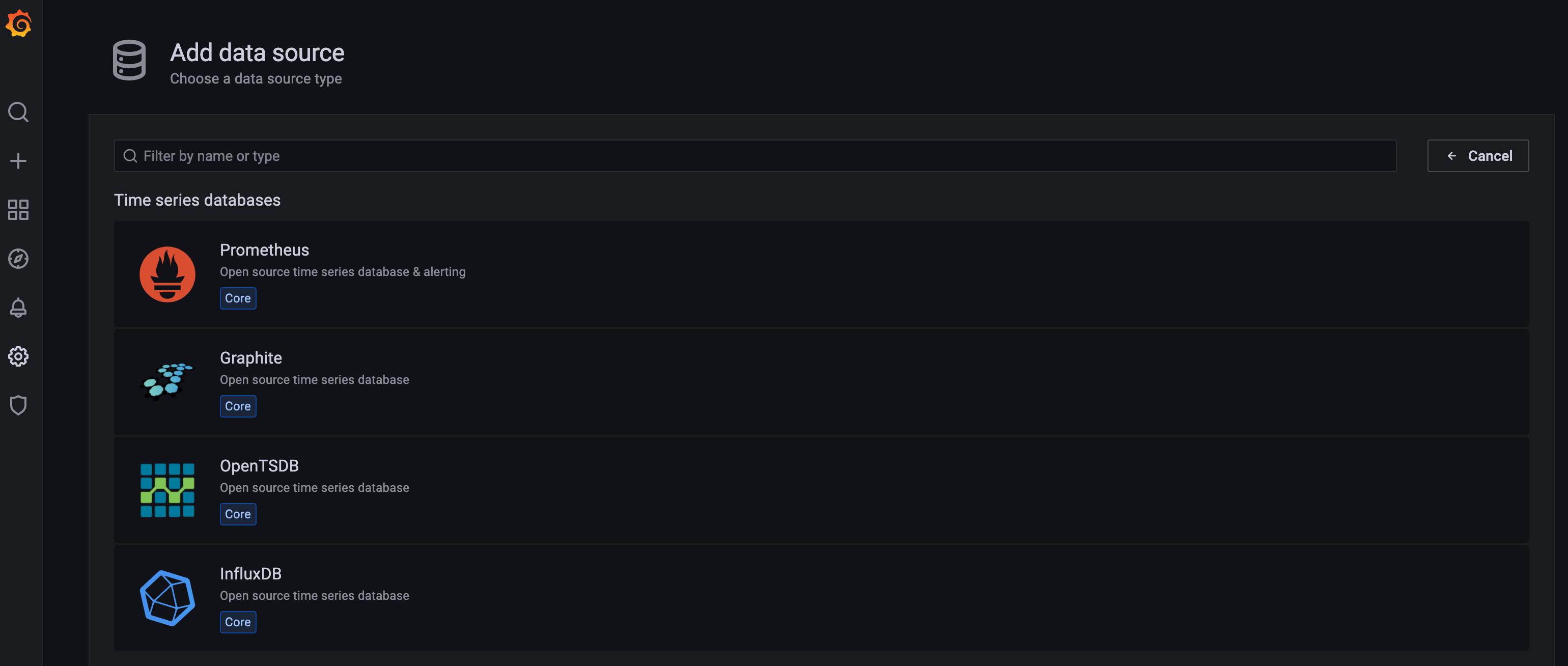 Screencapture showing selecting Prometheus as a data source in Grafana