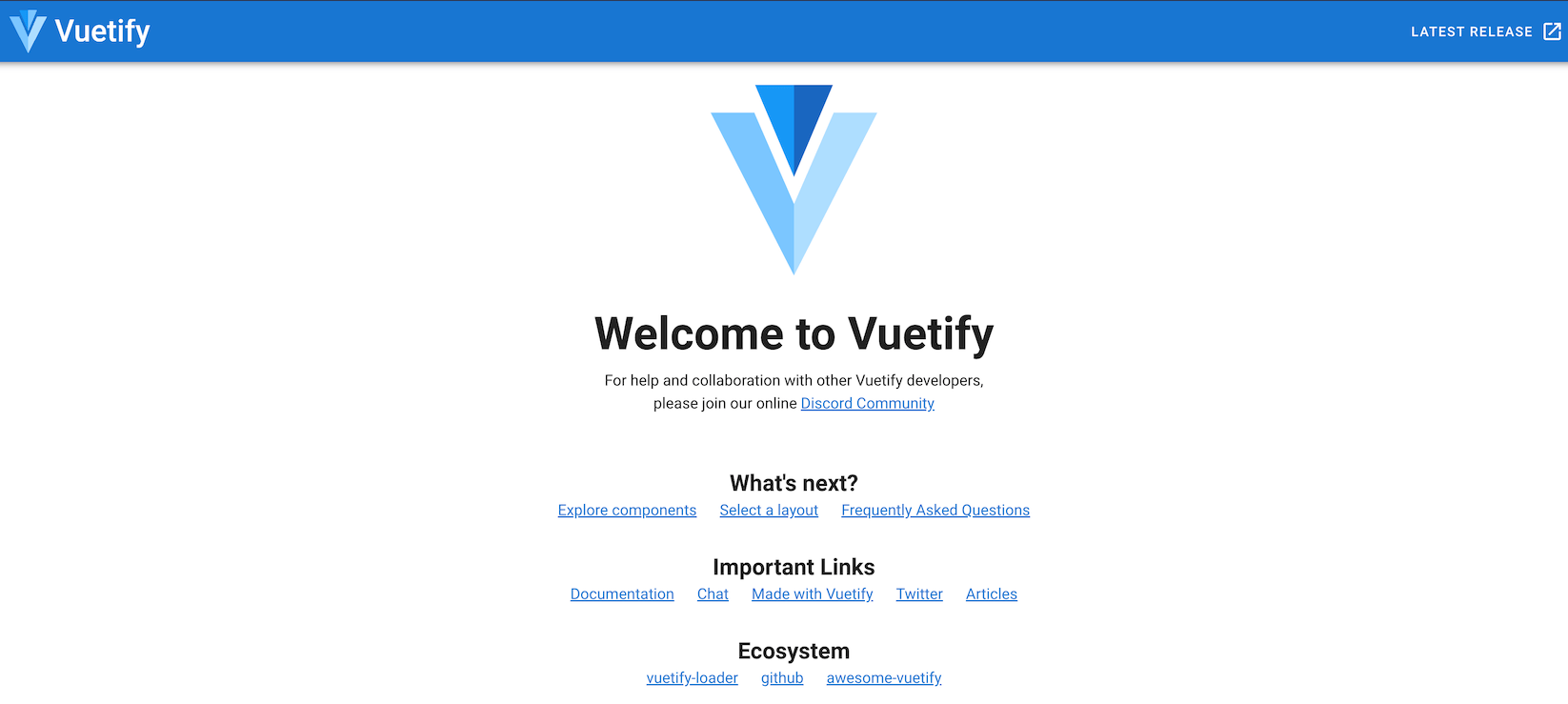 Default home screenshot of a VueJS application with Vuetify installed