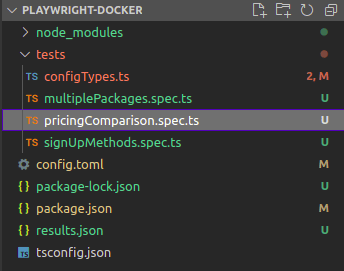 Directory tree showing each of the files in the project, including the three Typescript files created within the  folder