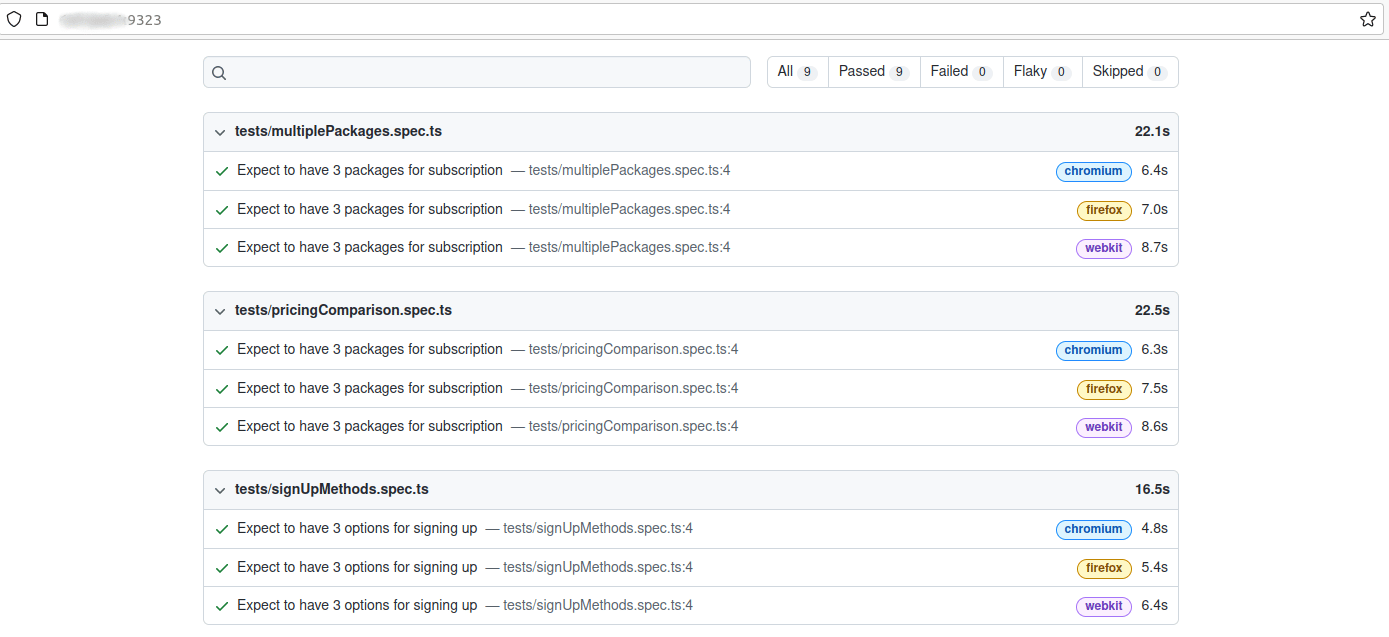 Screencapture of the overall report, which is separated into the three different tests where each test displays the overall time the test took to run, as well as how long each browser's test took to run