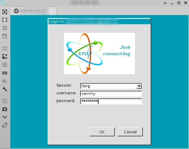 Screencapture showing the xrdp Login Screen with  selected for session type,  filled in the username box, and a redacted password in the password box