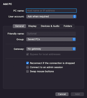 Screencapture showing the "Add PC" setup page with an empty box for the remote server's IP address