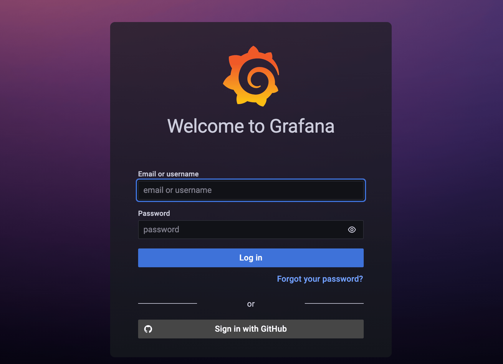Grafana login page, now showing option to sign in with GitHub