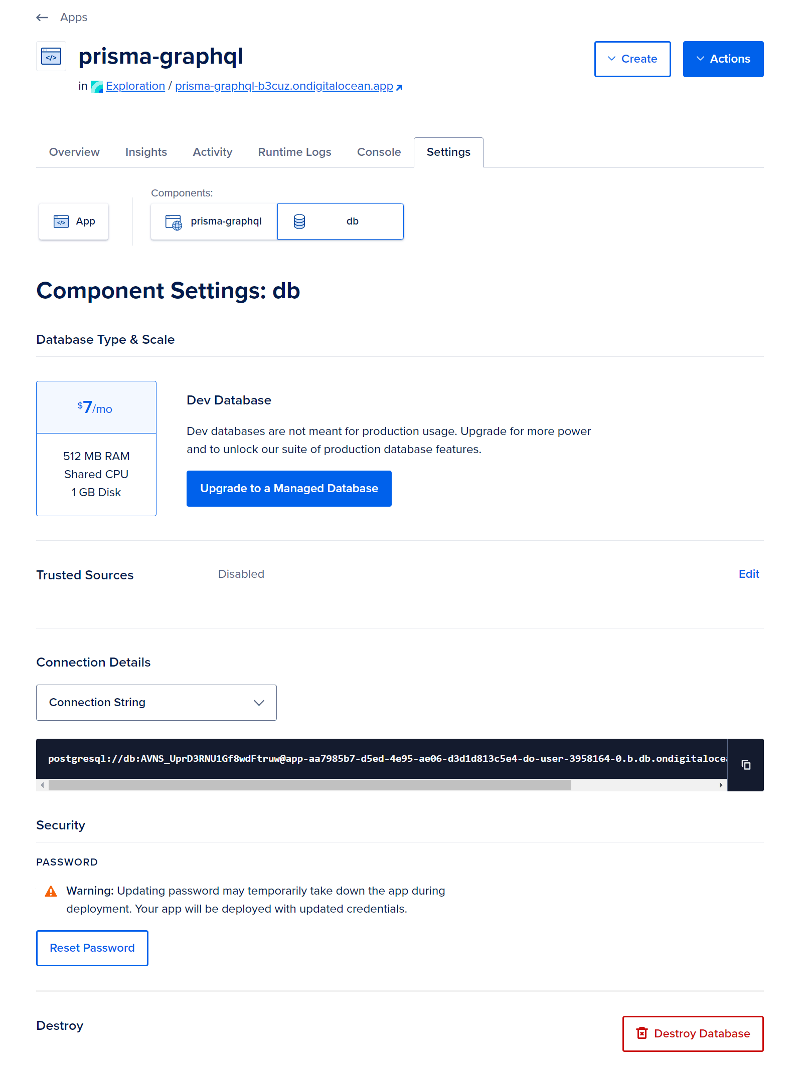 Screencapture displaying the Database Component Settings