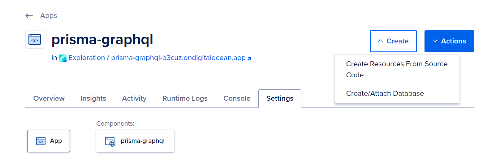 Screencapture displaying the Create/Attach Database option in the dropdown menu