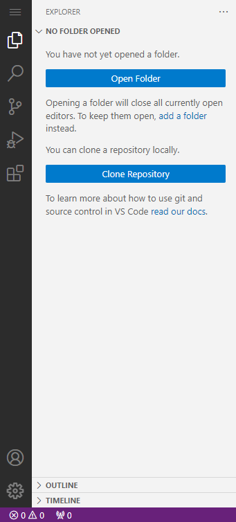 Screencapture of the code-server GUI sidepanel with six icon buttons. The folder button has been selected, which expands a sidebar from which folder can be opened.