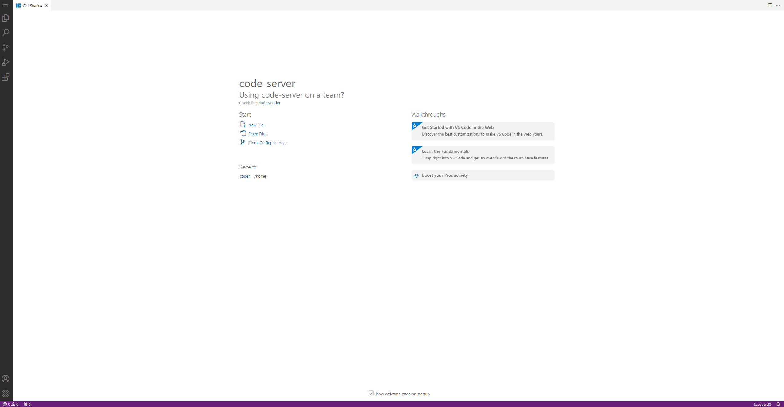 Screencapture of the code-server GUI