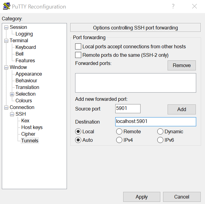 Adding port forwarding information into PuTTy