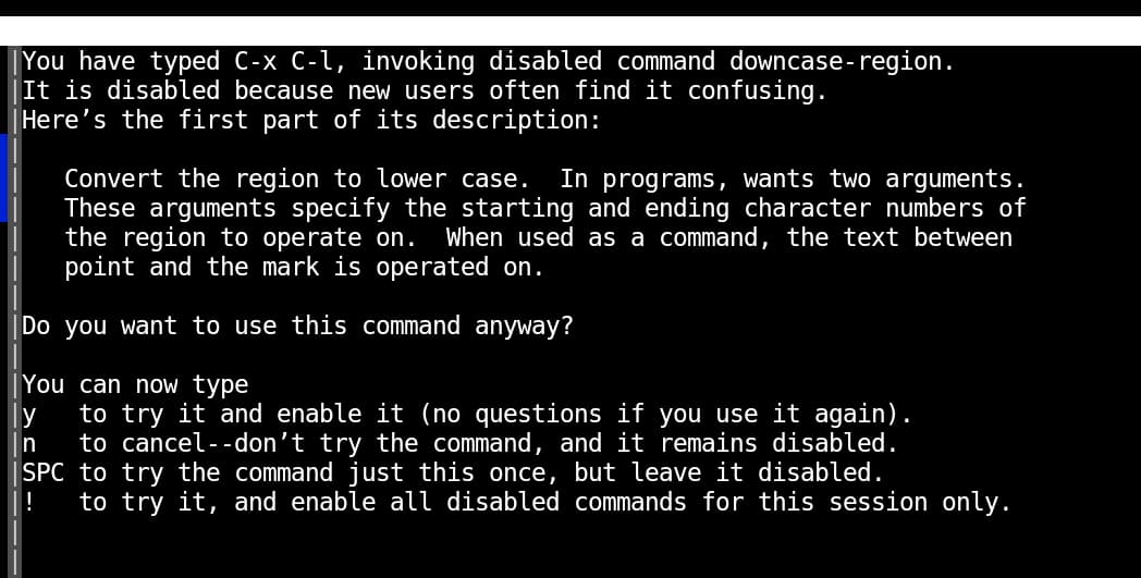 A message inside your Emacs instance after pressing the and keys to convert a paragraph to lowercase.