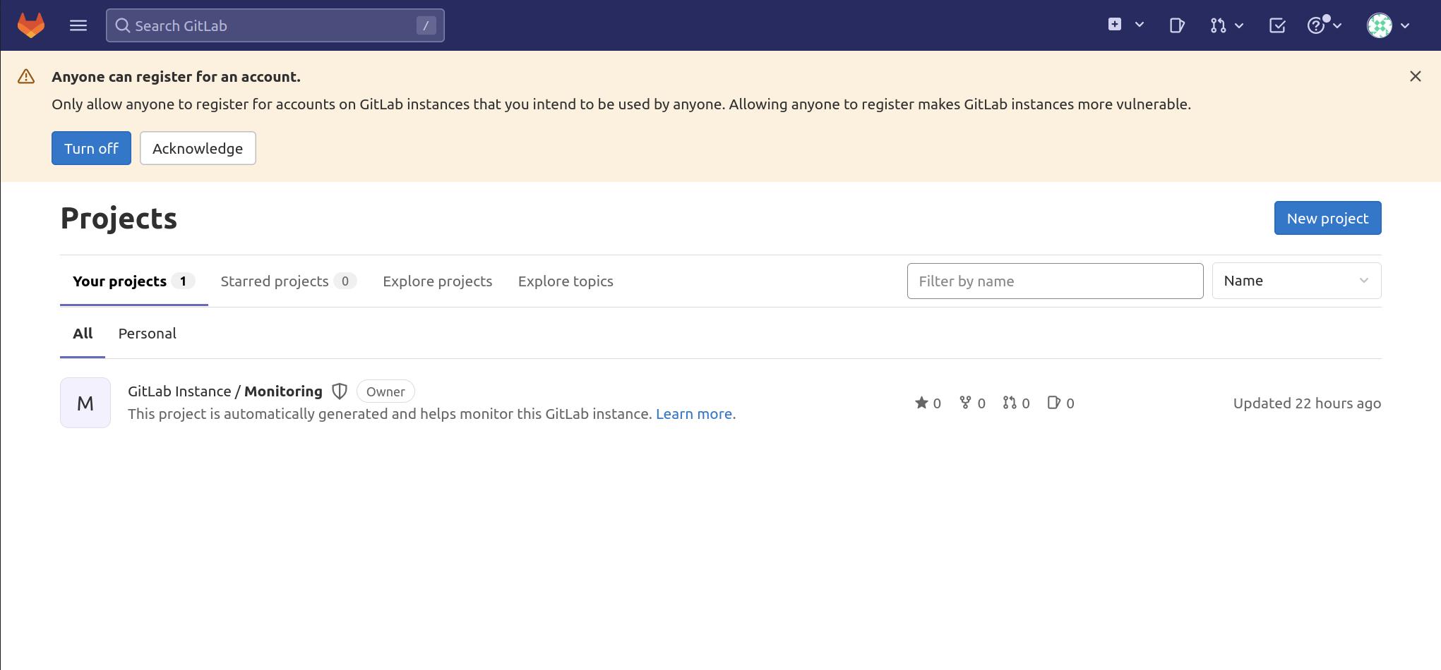 Your GitLab dashboard after logging in as root.