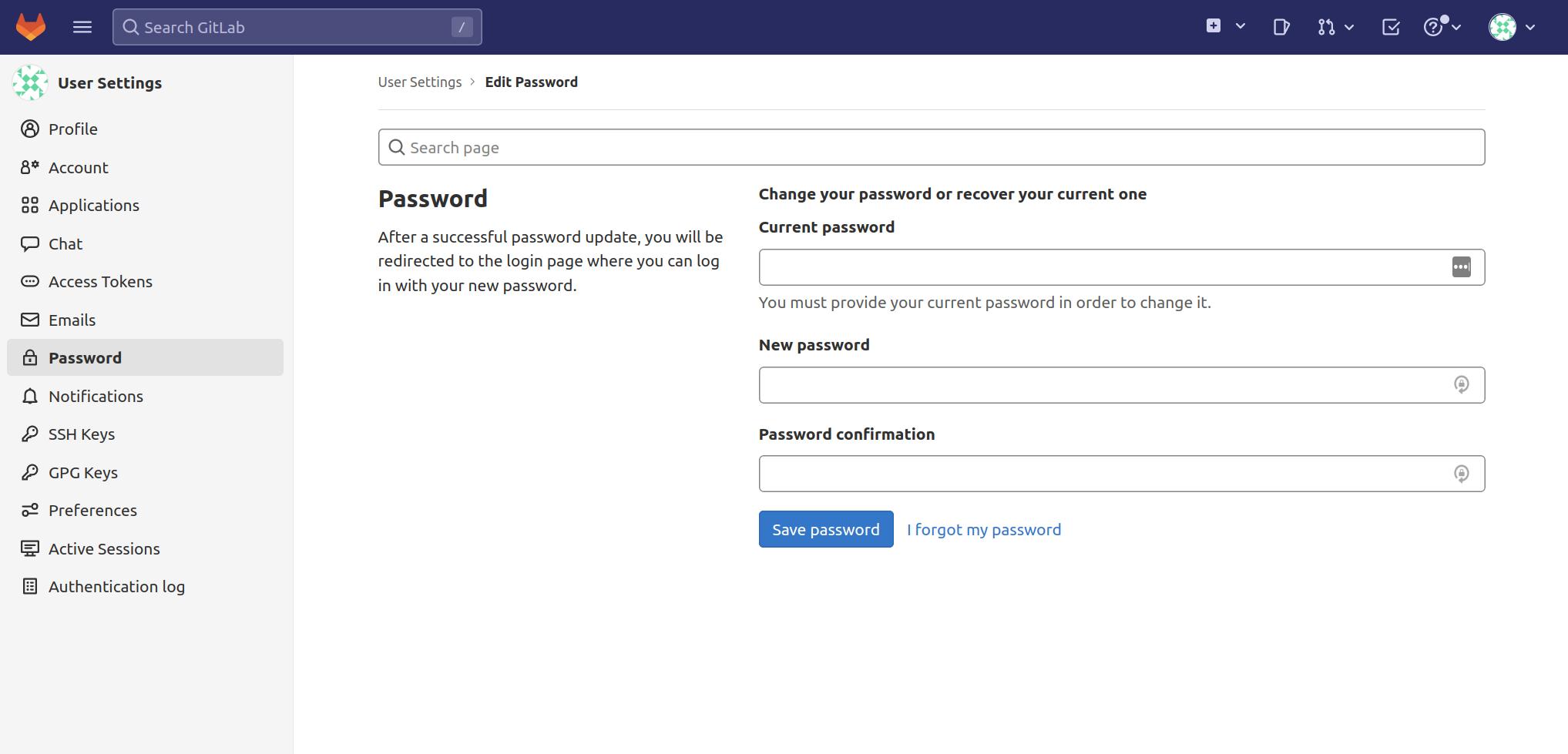 The Password setting is in the left navigation bar. You can update your password from here.