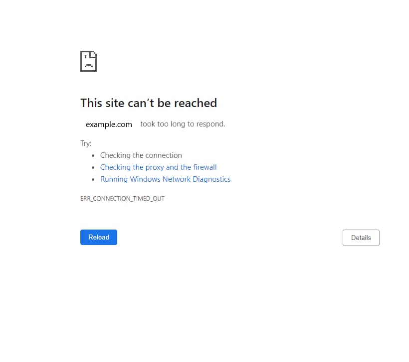 "The site can't be reached" error message in web browser