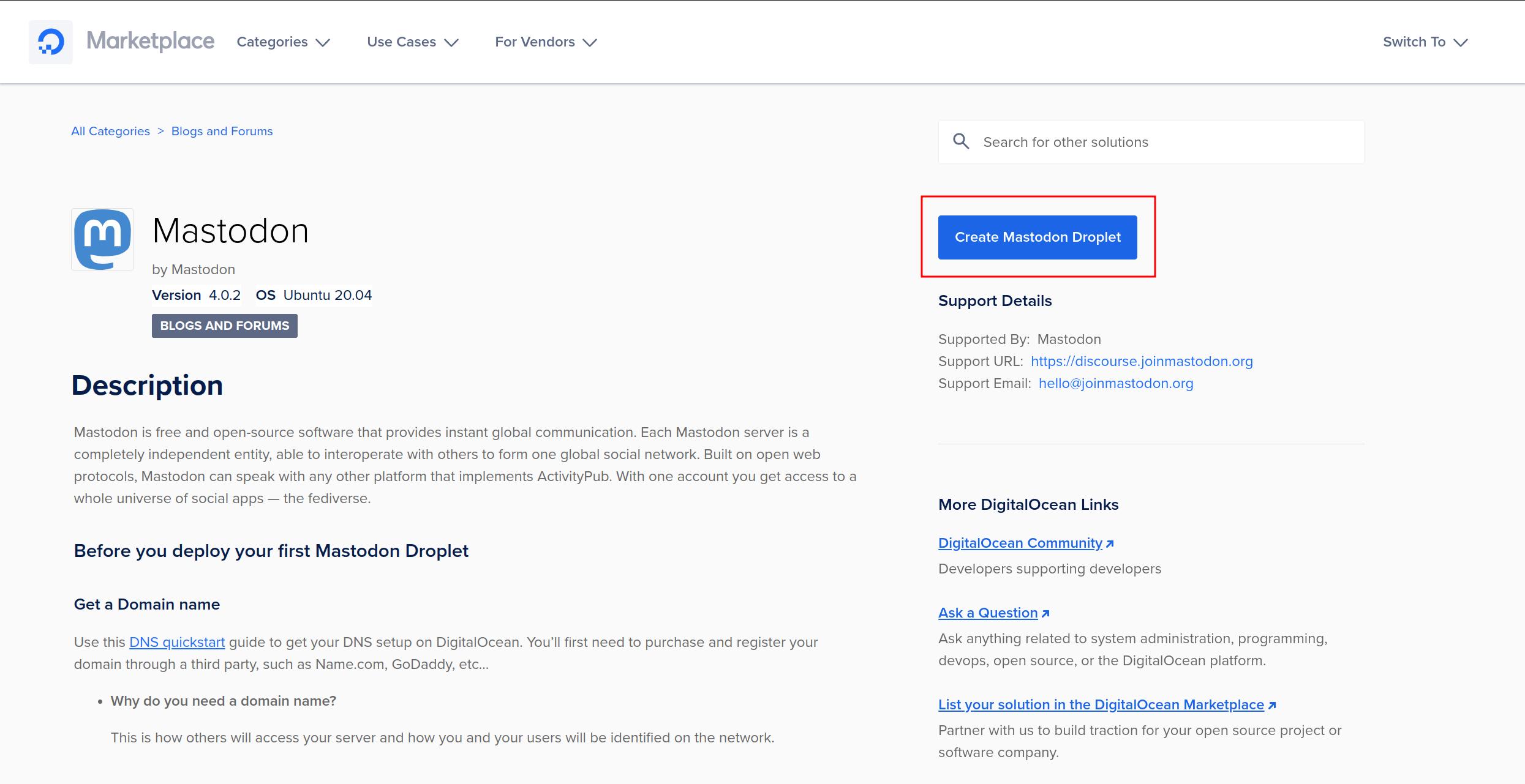 Mastodon 1-Click landing page with a button to create a Droplet.