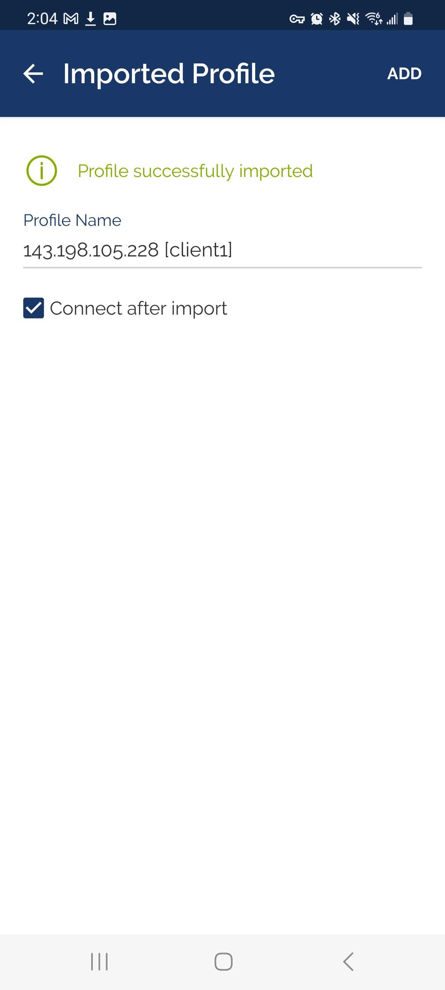 The OpenVPN Android app Imported Profile screenselecting VPN profile to import