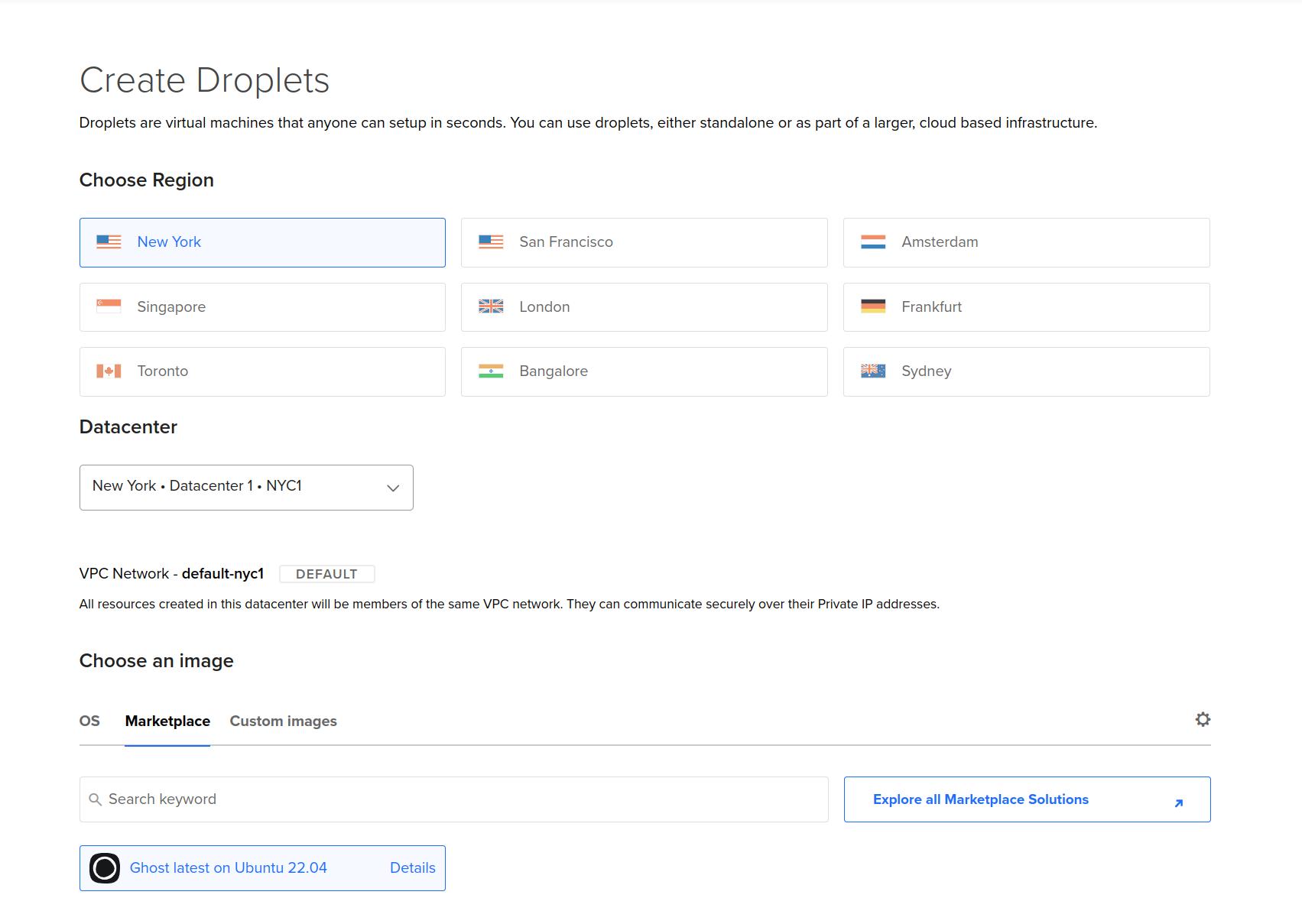Your DigitalOcean control panel with the Ghost image selected.
