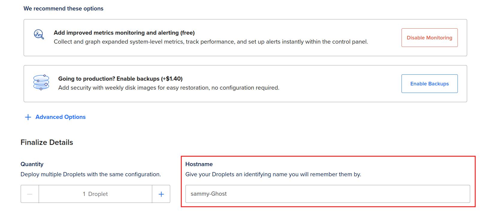 Entering the name 'sammy-Ghost' as the Droplet name as an example.