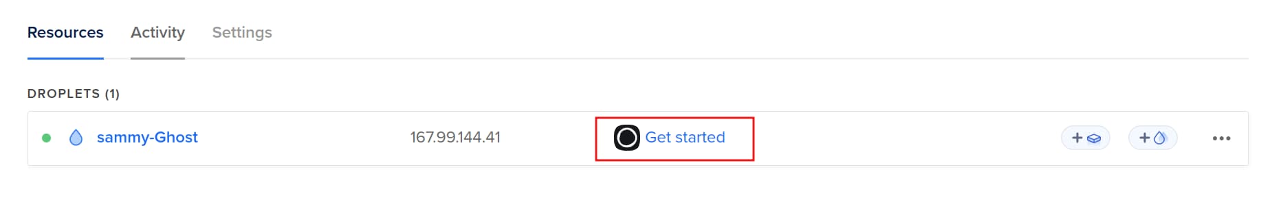 "Get Started" button highlighted inside the control panel. Clicking this will open up a menu with additional information about your Ghost installation and how to further configure it.
