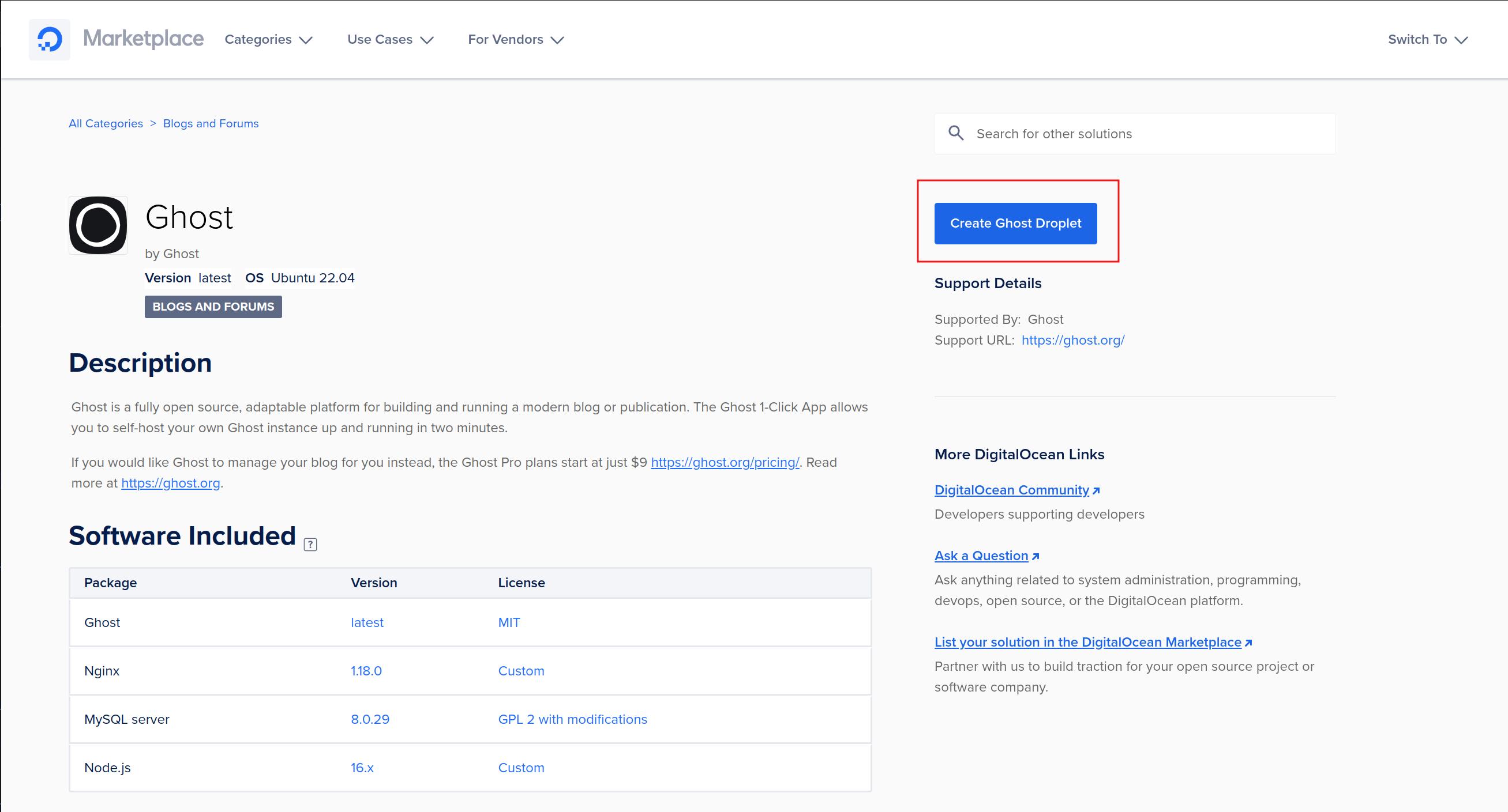 Ghost 1-Click landing page with a button to create a Droplet.