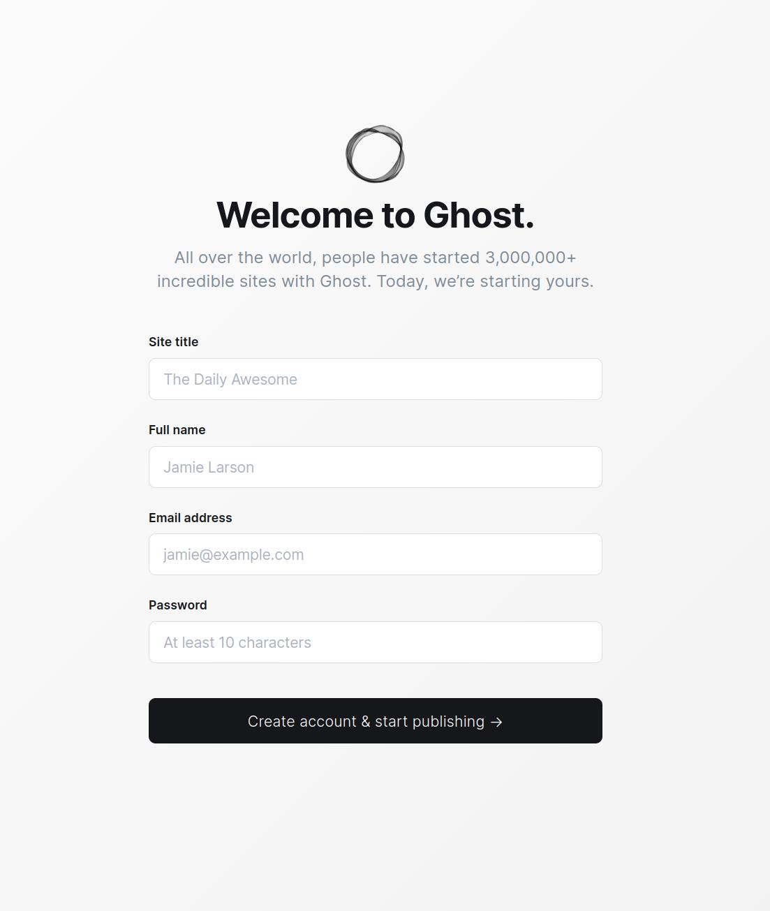 The Ghost landing and sign up page
