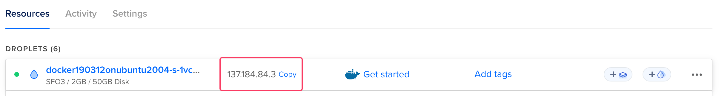 Copying a new Droplet's IP Address