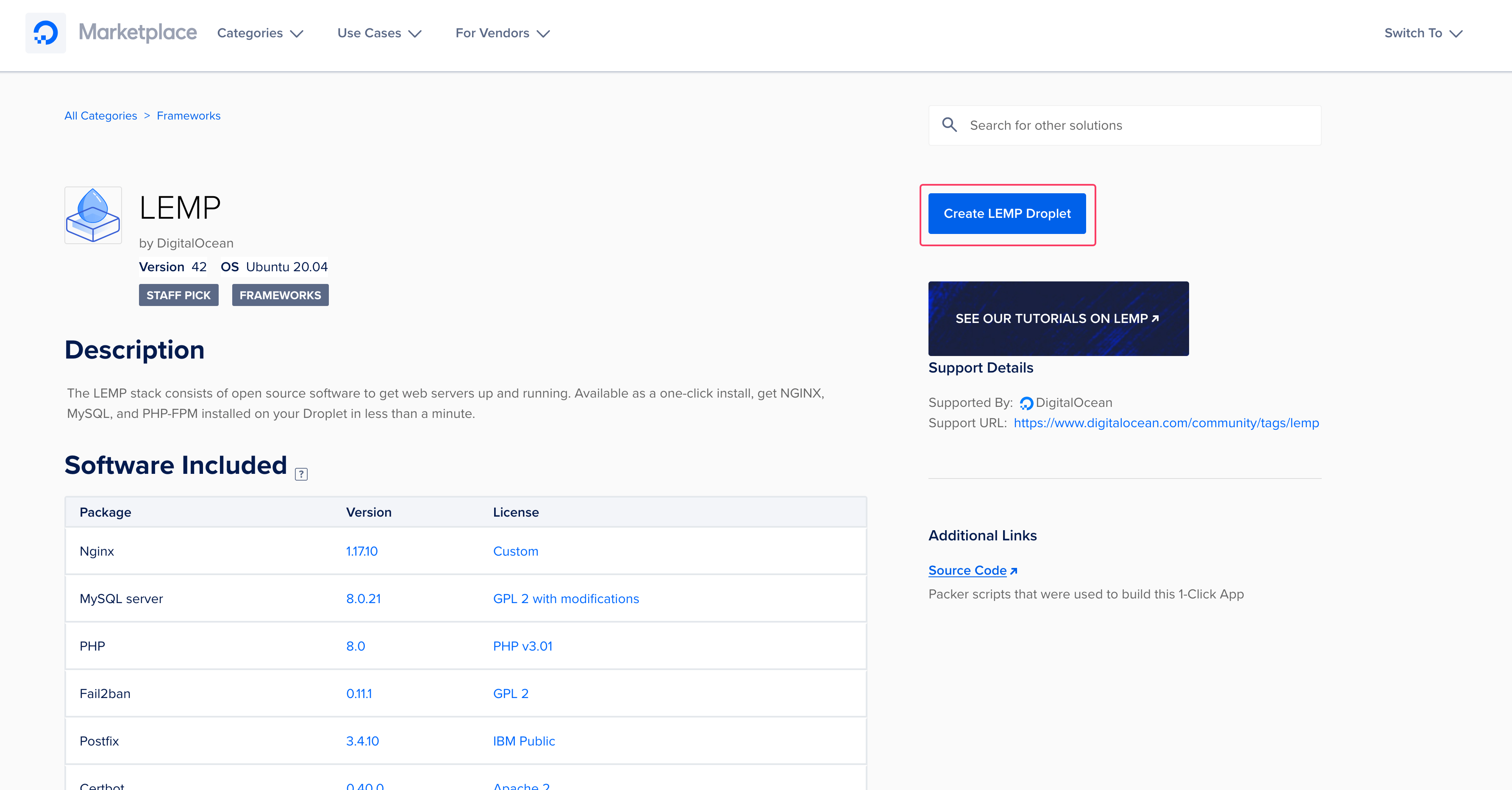 LEMP 1-Click Create LEMP Droplet