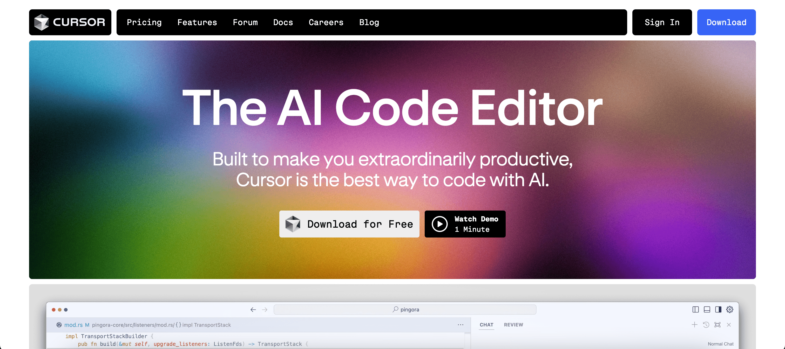 Screenshot of the Cursor website home page