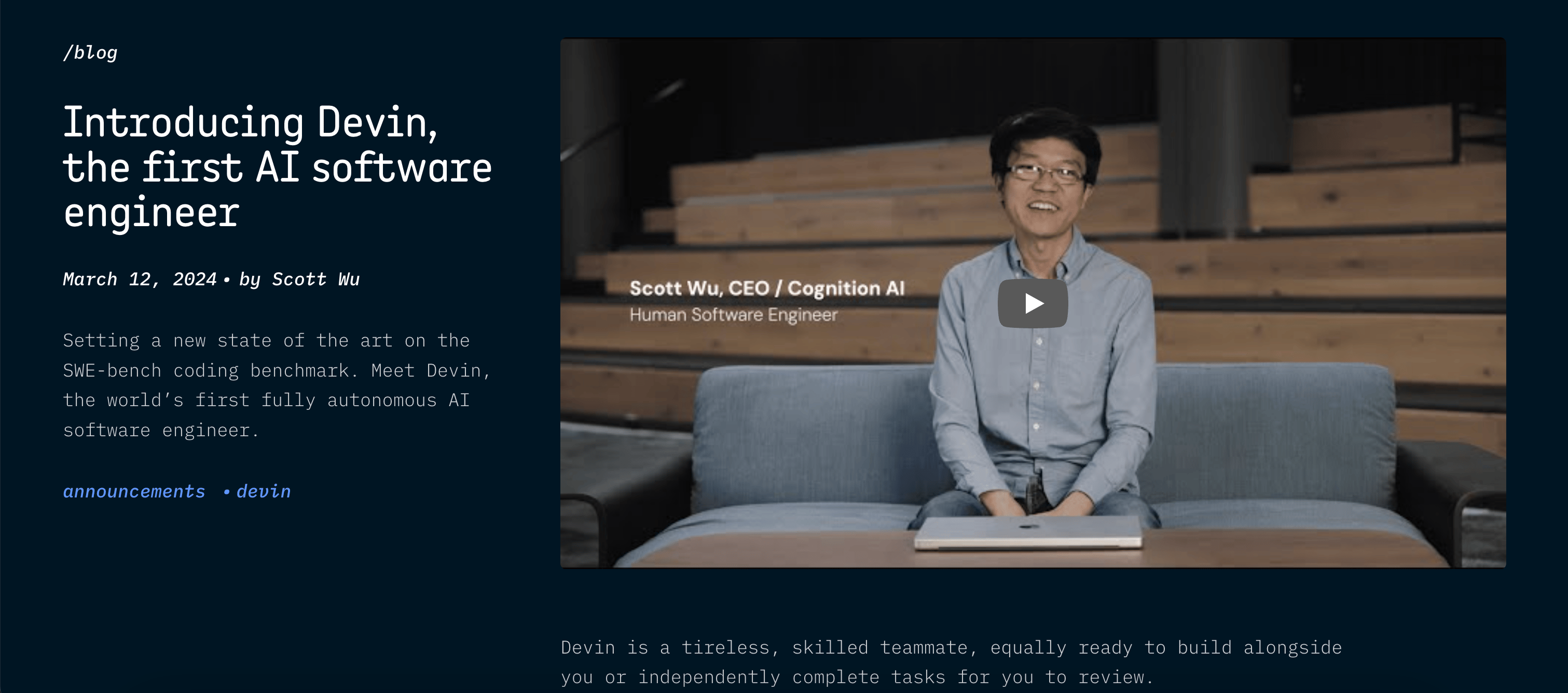 Screenshot of the Devin AI website home page