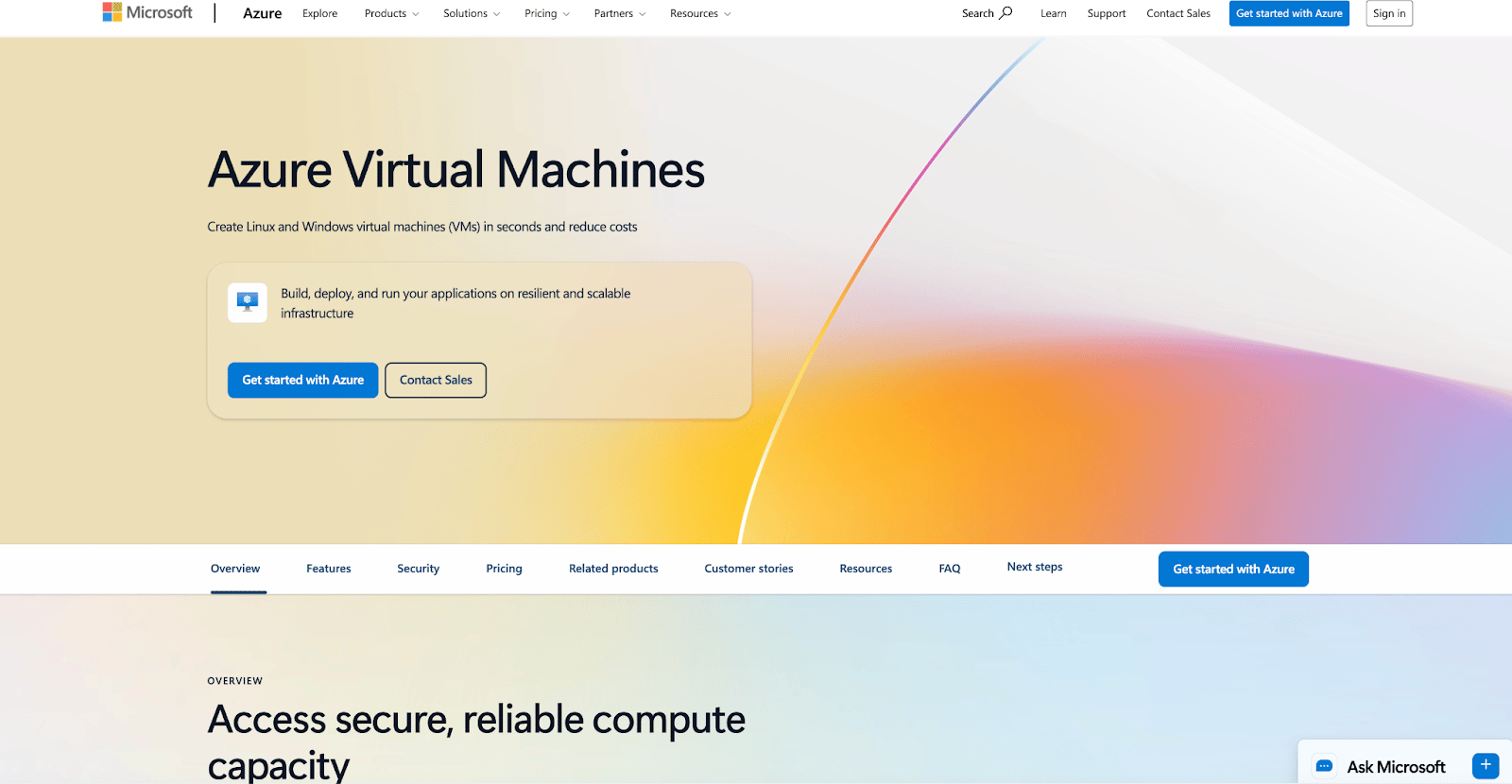 Azure VMs homepage