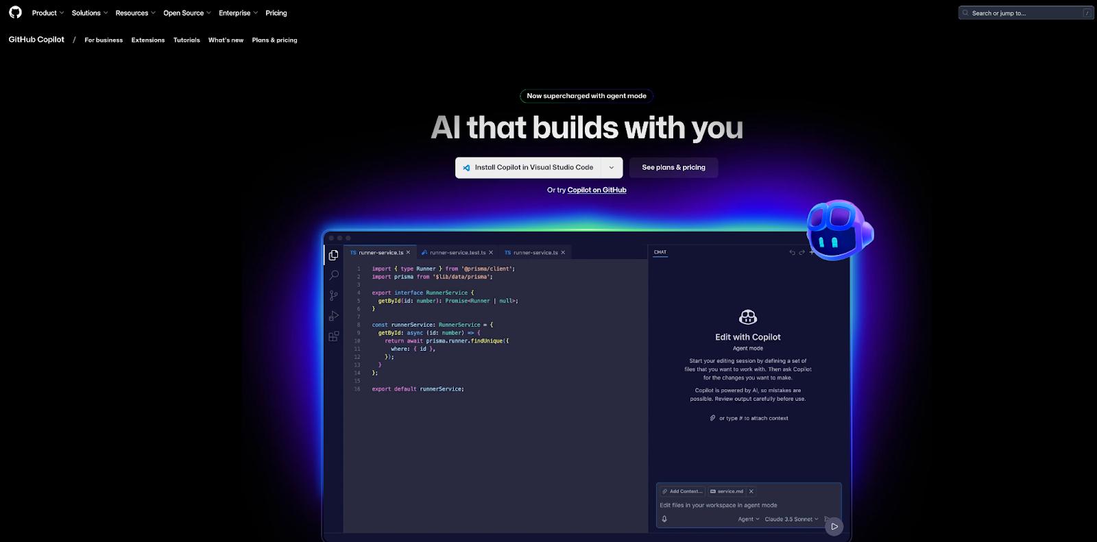 The GitHub Copilot webpage