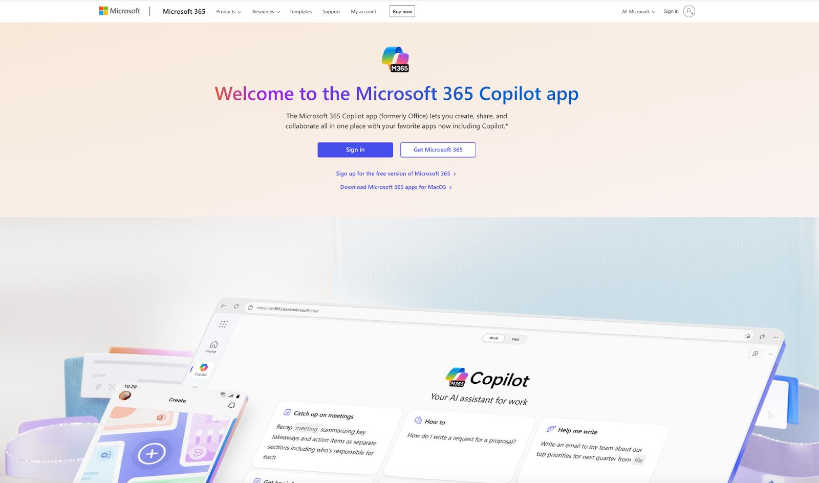 The Microsoft 365 Copilot webpage