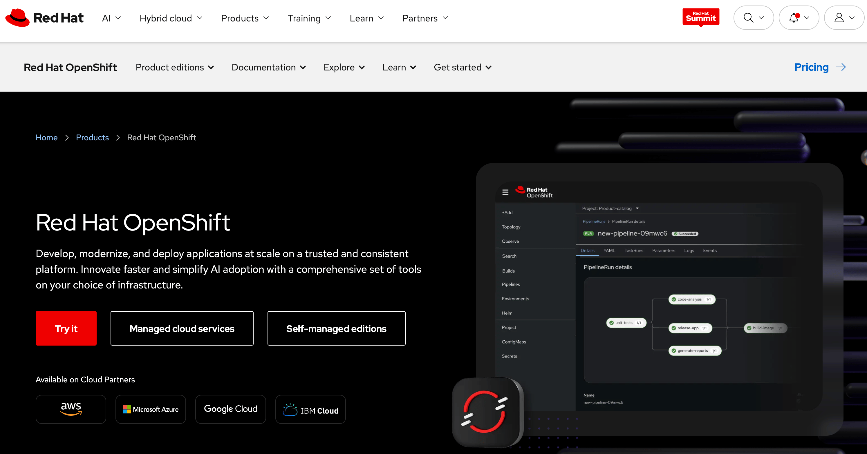 Red Hat OpenShift homepage