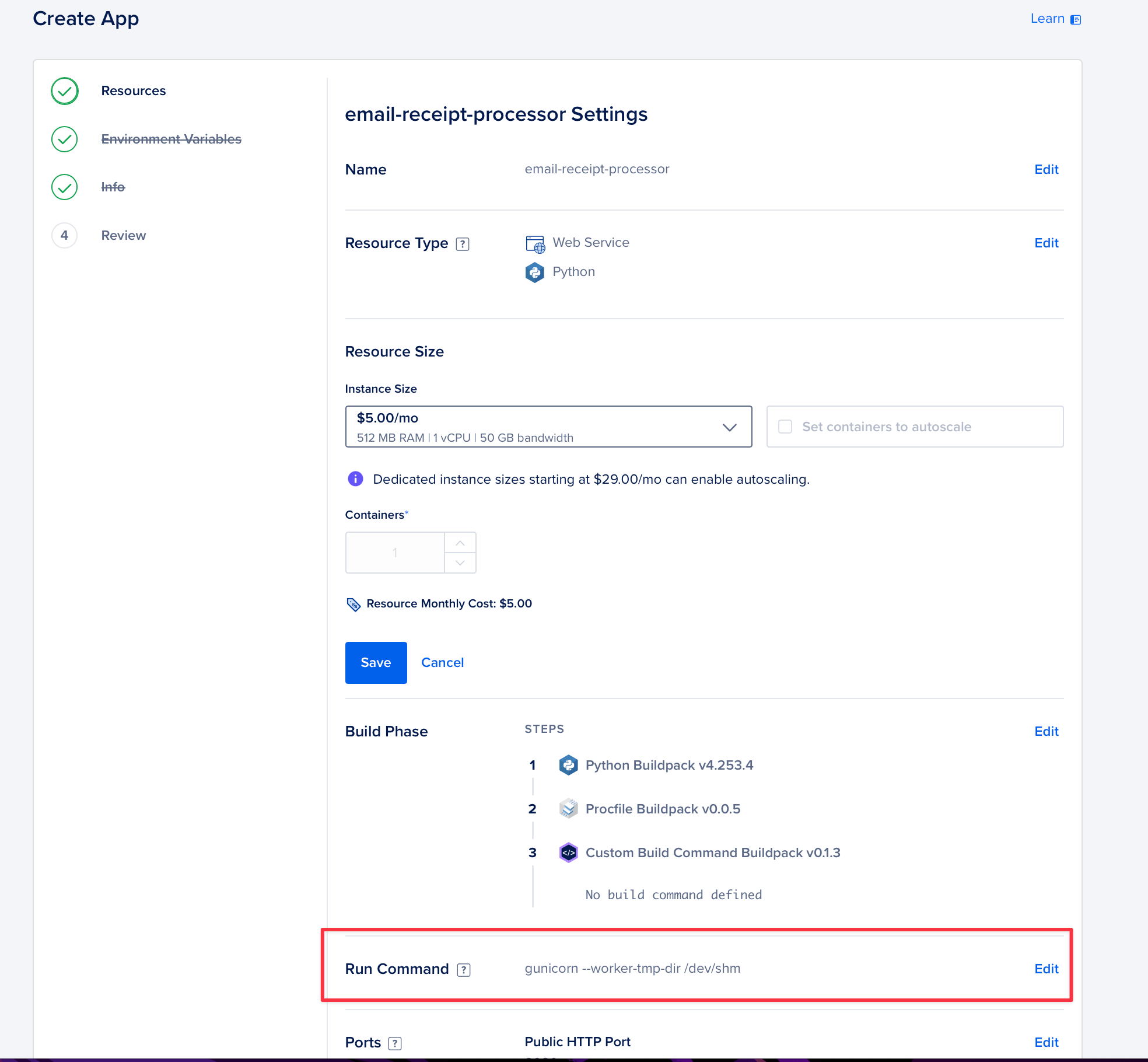 Create App Email Receipt Processor Settings