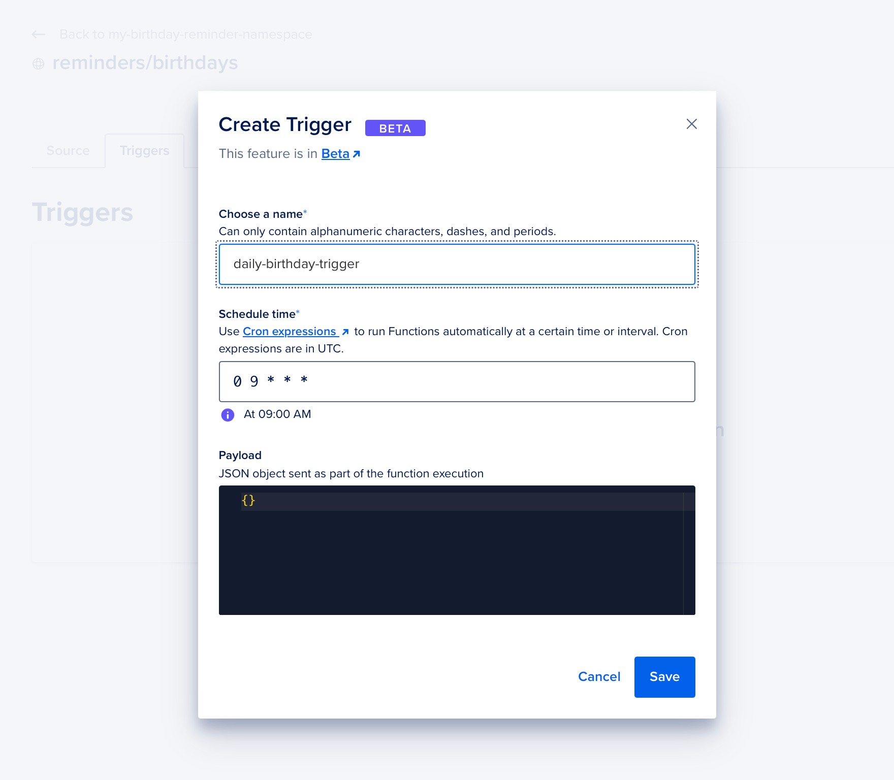 Create Trigger modal in the DigitalOcean dashboard, with fields for entering the trigger name, cron expression, and optional payload