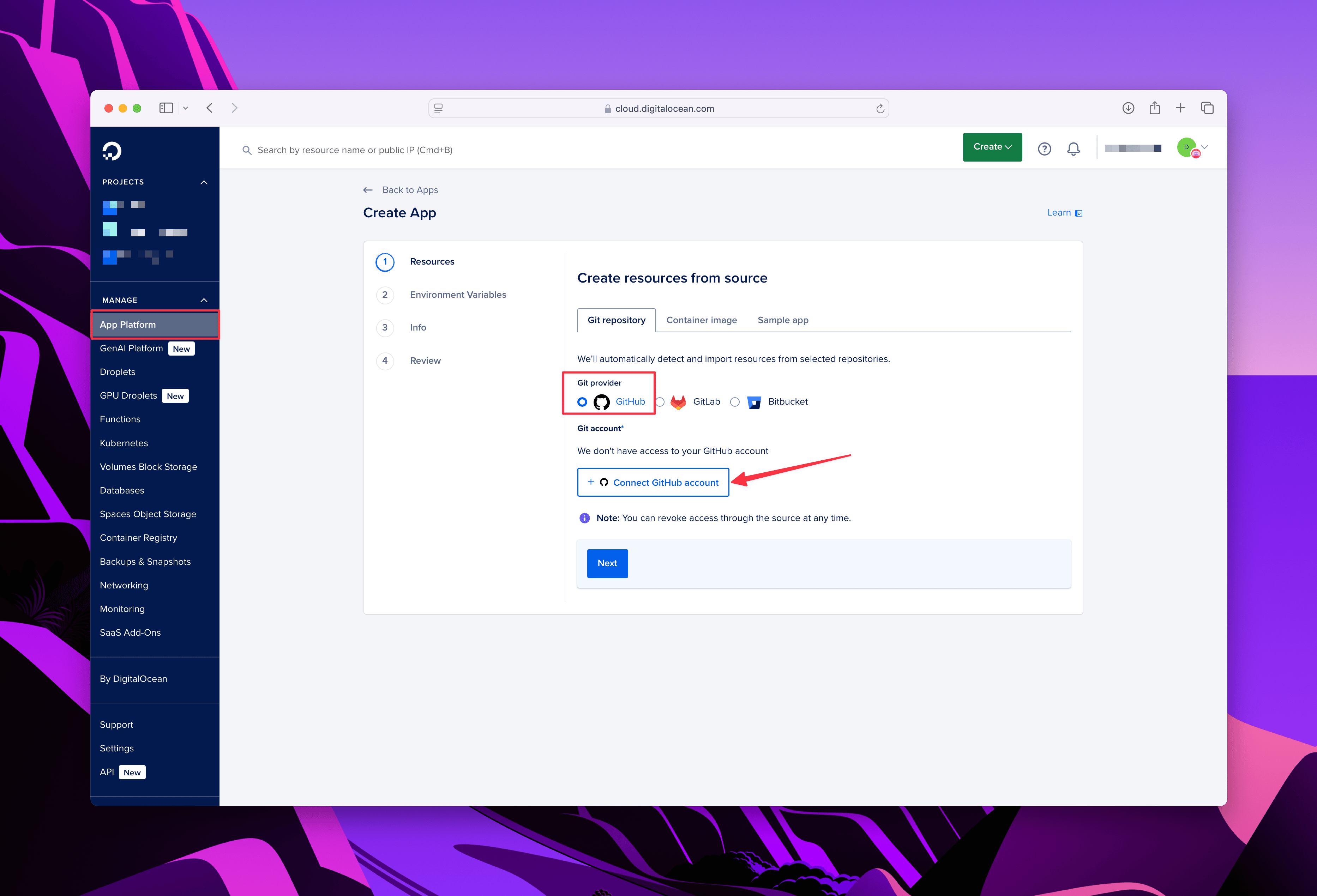DigitalOcean GitHub Connection