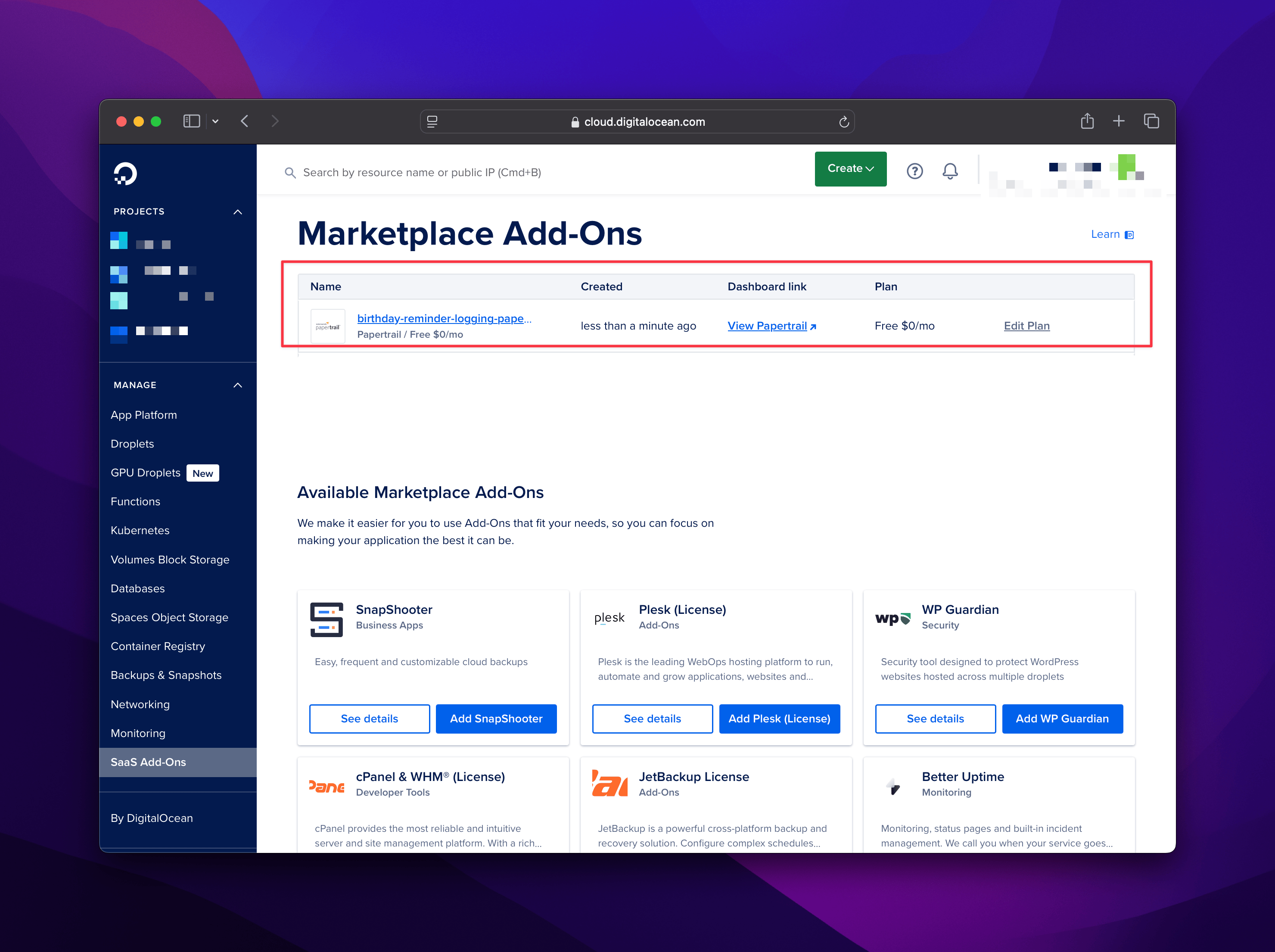 Papertrail in DigitalOcean SaaS Add-ons